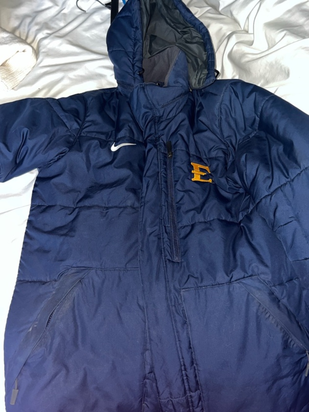 Nike Navy Hooded Puffer Jacket with Yellow 'E' ETSU Patch
